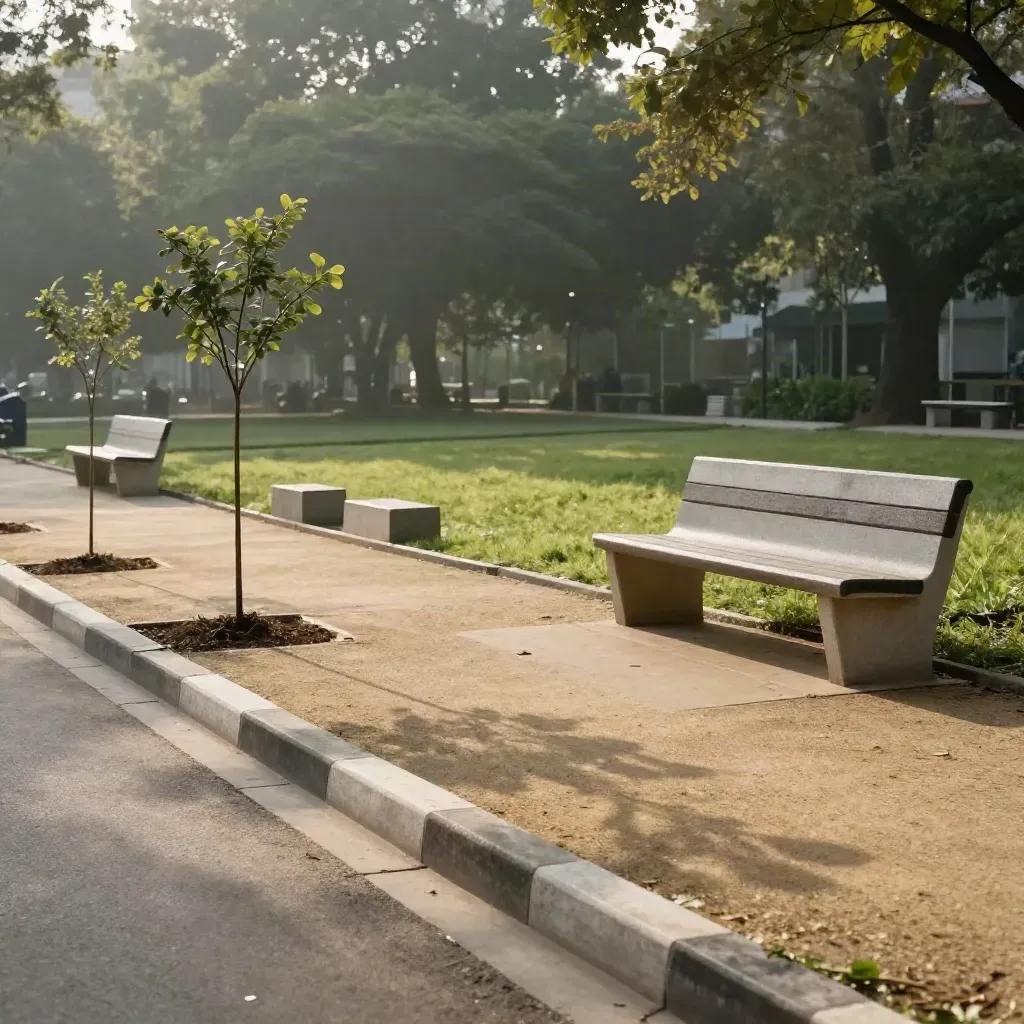 Taman kejiranan selepas gotong-royong dengan anak pokok, laluan bersih dan bangku