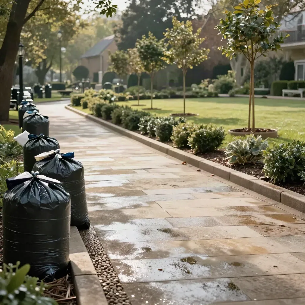 Taman kejiranan yang baru siap dibersihkan, dengan beg sampah tersusun, laluan basah dan anak pokok.