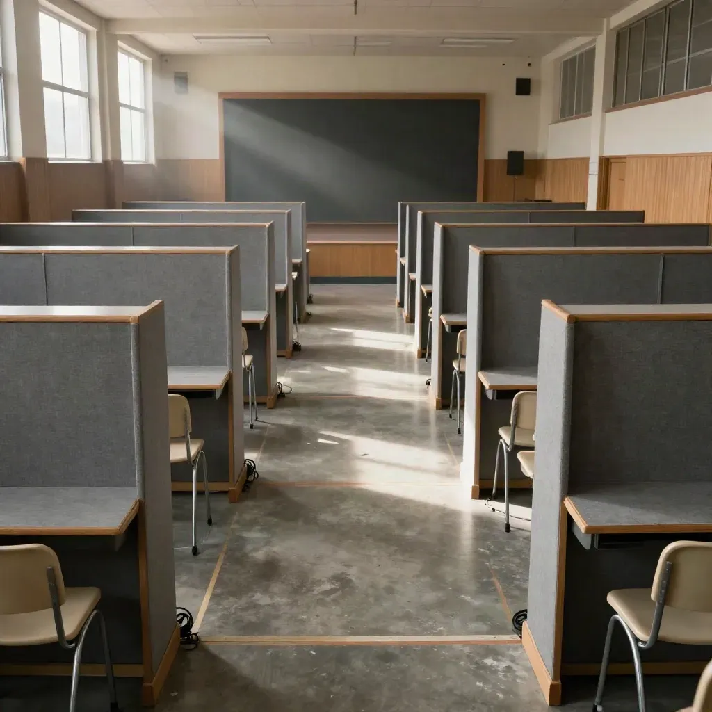 Dewan sekolah kosong dengan reruai majikan, kerusi berbaris dan kabel tersusun