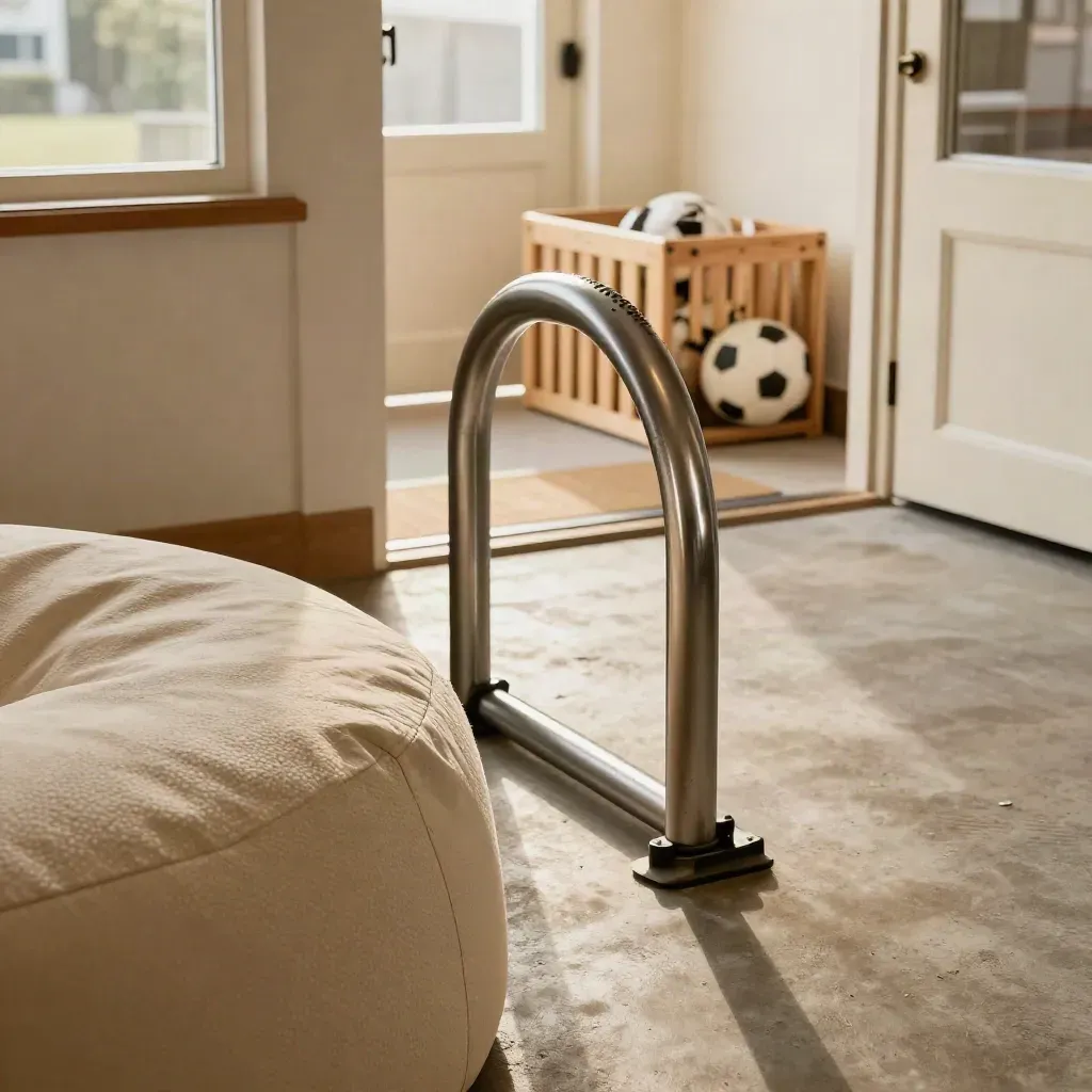Sudut lounge pusat belia dengan beanbag, rak basikal dan storan bola di pintu masuk.